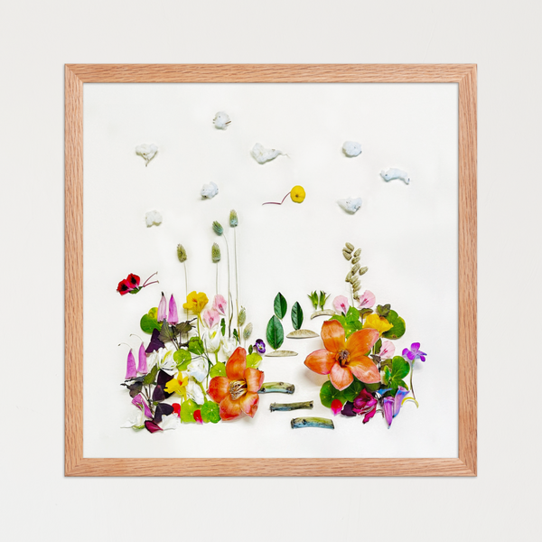 Real blossoms, leaves, stems, and seed pods arranged with airy spacing on a soft neutral background. Botanical wall art by FloraFusion.