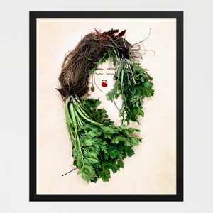 Serene feminine figure shaped from celery stems, leafy greens, and roots on a soft neutral background. Botanical wall art print by FloraFusion.