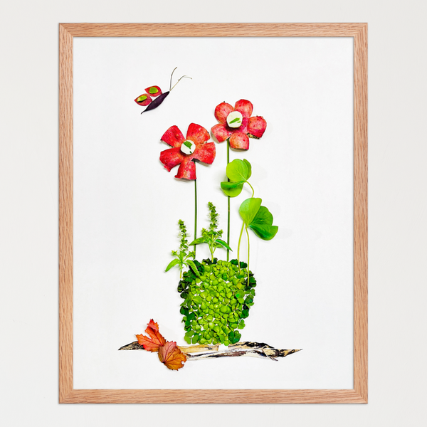 Two red, five-petal flowers with pale centers on slender green stems against a white background. Botanical wall art print by FloraFusion.