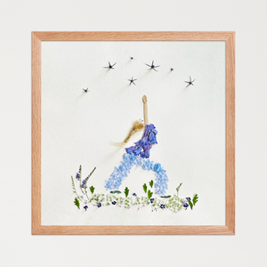 Minimalist figure with a wooden stem body and soft blue blossoms forming an arched skirt. Botanical wall art print by FloraFusion.