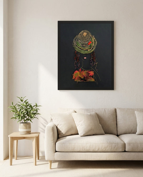 Autumn Lady print in a black frame hanging in a living room
