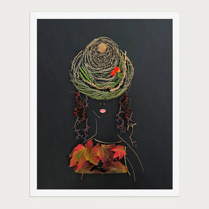Autumn Lady nature inspired feminine wall art print in a white frame, front view