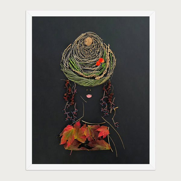 Autumn Lady nature inspired feminine wall art print in a white frame, front view