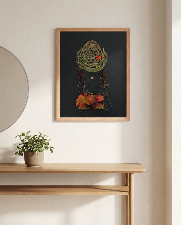 Autumn Lady print in a red oak wood frame hanging in an entryway