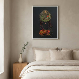 Autumn Lady print in a white frame hanging in a bedroom