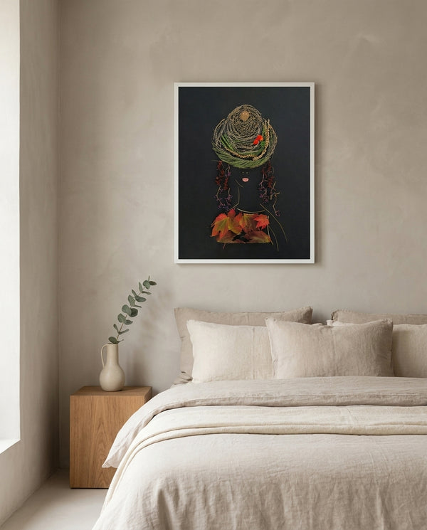 Autumn Lady print in a white frame hanging in a bedroom