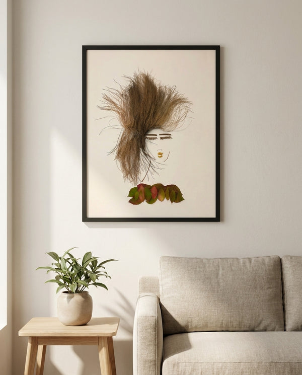 Autumn Stillness print in a black frame styled in a living room. FloraFusion.