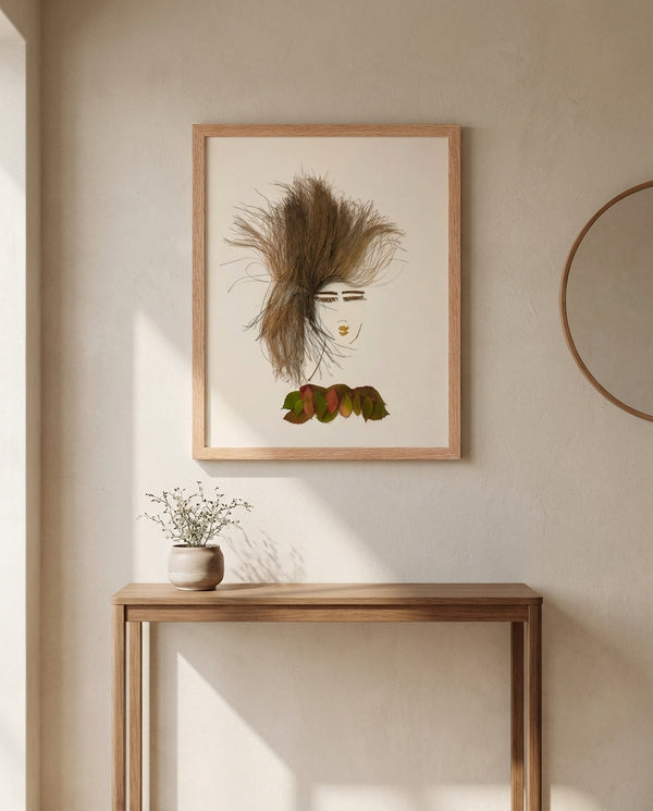 Autumn Stillness print in a red oak wood frame styled in an entryway. FloraFusion.