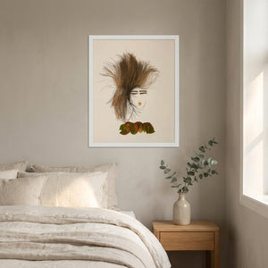 Autumn Stillness print in a white frame hung in a serene bedroom. FloraFusion.