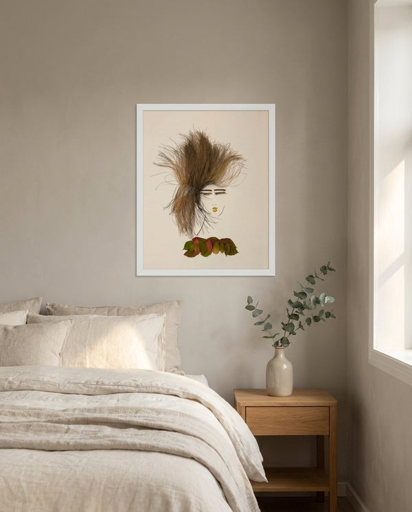 Autumn Stillness print in a white frame hung in a serene bedroom. FloraFusion.