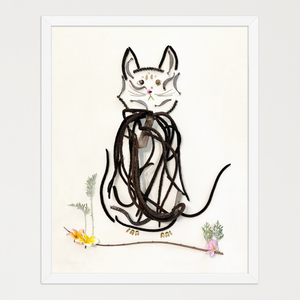 Seated cat silhouette built from elongated plant fibers and soft floral accents on a white background. Botanical wall art by FloraFusion.
