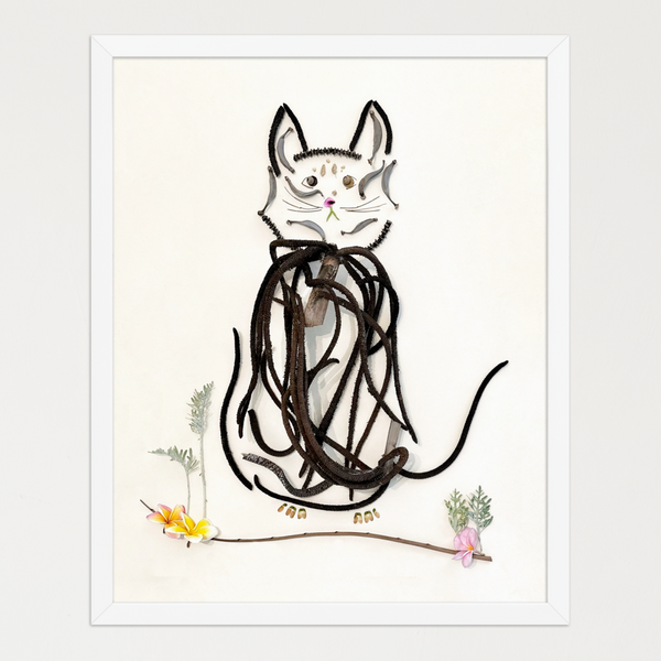 Seated cat silhouette built from elongated plant fibers and soft floral accents on a white background. Botanical wall art by FloraFusion.