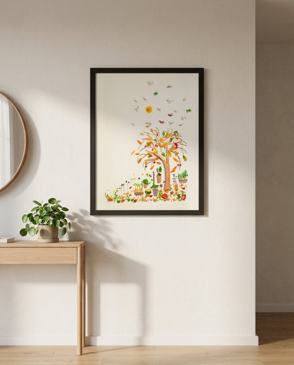 Beneath the Growing Tree print in a black frame styled in an entryway. FloraFusion.