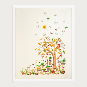 Beneath the Growing Tree botanical art print in a white frame on a warm cream background. FloraFusion.