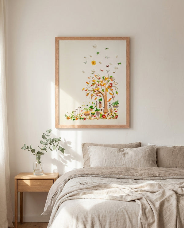 Beneath the Growing Tree print in a red oak wood frame styled in a bedroom. FloraFusion.