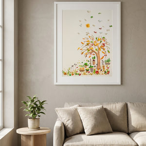 Beneath the Growing Tree print in a white frame styled in a living room. FloraFusion.
