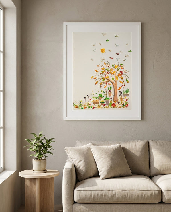 Beneath the Growing Tree print in a white frame styled in a living room. FloraFusion.