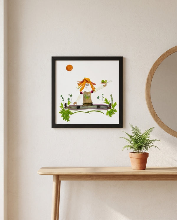 Grounding Girl whimsical botanical figure wall art print in a black frame hanging in an entryway