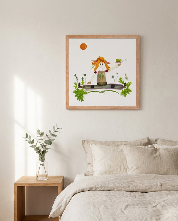Grounding Girl whimsical botanical figure wall art print in a red oak wood frame hanging in a bedroom
