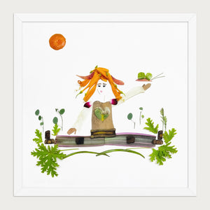 Grounding Girl whimsical botanical figure wall art print by FloraFusion in a white frame, front view
