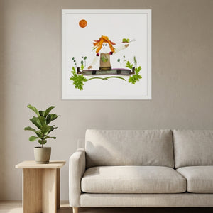 Grounding Girl whimsical botanical figure wall art print in a white frame hanging in a living room