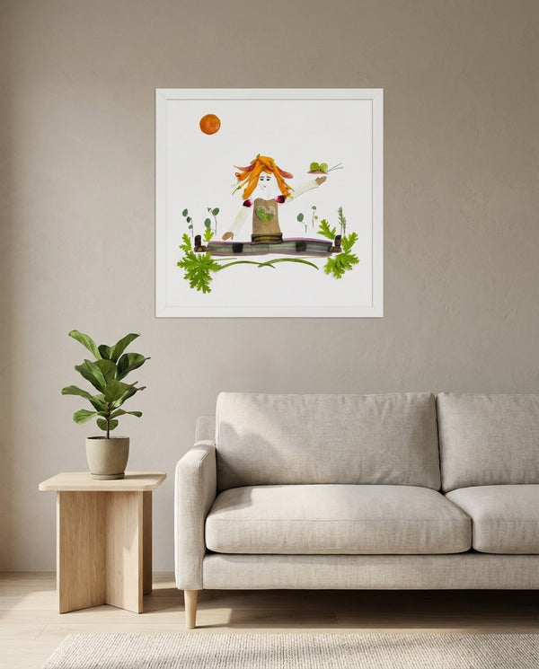 Grounding Girl whimsical botanical figure wall art print in a white frame hanging in a living room