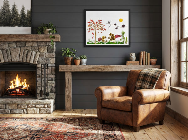 Squirrels Beneath the Leaves - Floral Wildlife Wall Art Print