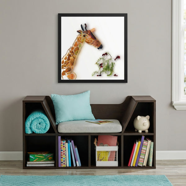 Children's room with a bookshelf, colorful books, and a framed picture of a giraffe.