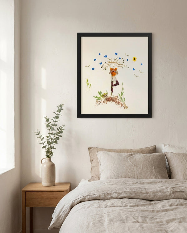 Blooming Tree print in a black frame styled in a bedroom. FloraFusion.