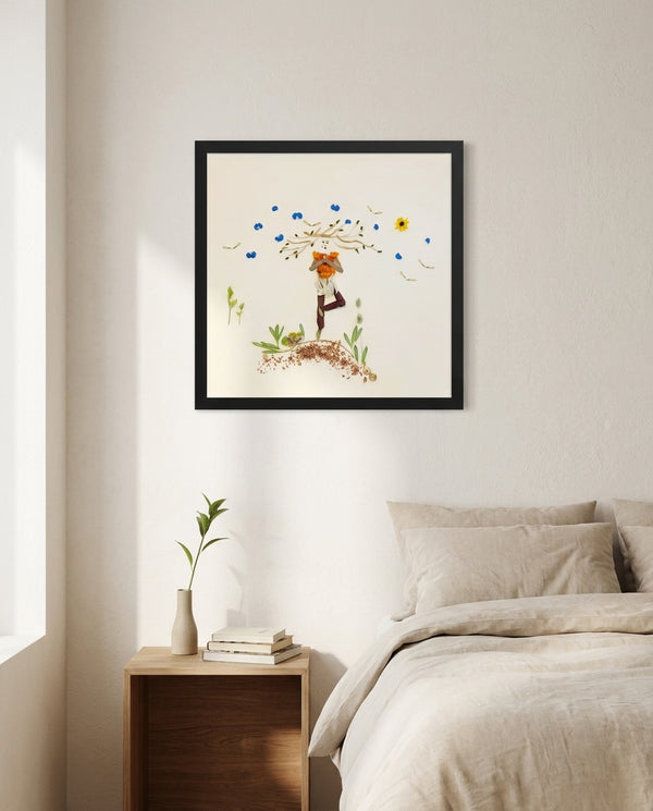Blooming Tree print in a black frame styled in a bedroom. FloraFusion.