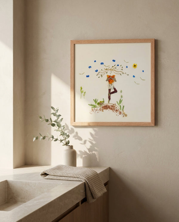 Blooming Tree print in a red oak wood frame styled in a bathroom. FloraFusion.