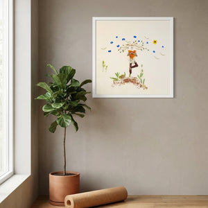 Blooming Tree print in a white frame styled in a yoga studio. FloraFusion.