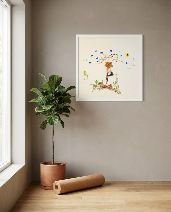Blooming Tree print in a white frame styled in a yoga studio. FloraFusion.