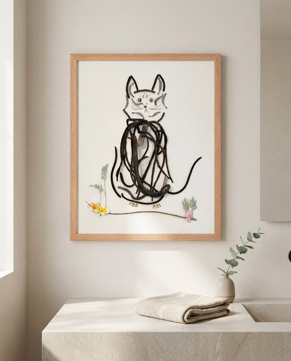 Botanical Cat Portrait art in a red oak frame hanging in a bathroom