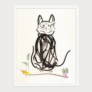 Botanical Cat Portrait nature inspired animal wall art in a white frame on a warm cream background