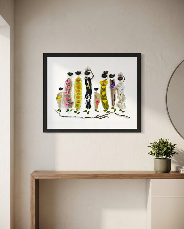 Botanical Gathering print in a black frame styled in an entryway. FloraFusion.