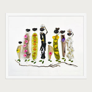 Botanical Gathering art print in a white frame on a warm cream background. FloraFusion.