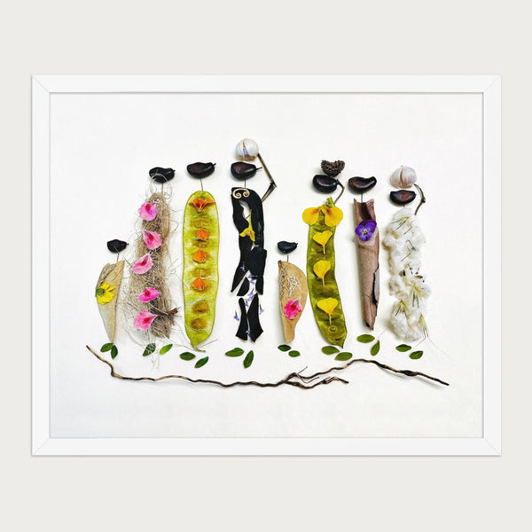 Botanical Gathering art print in a white frame on a warm cream background. FloraFusion.