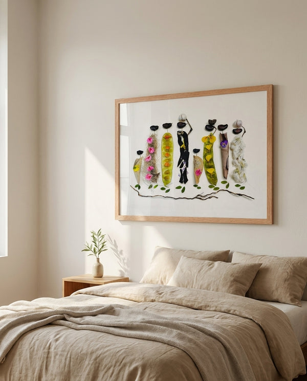 Botanical Gathering print in a red oak wood frame styled in a bedroom. FloraFusion.
