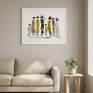 Botanical Gathering print in a white frame styled in a living room. FloraFusion.