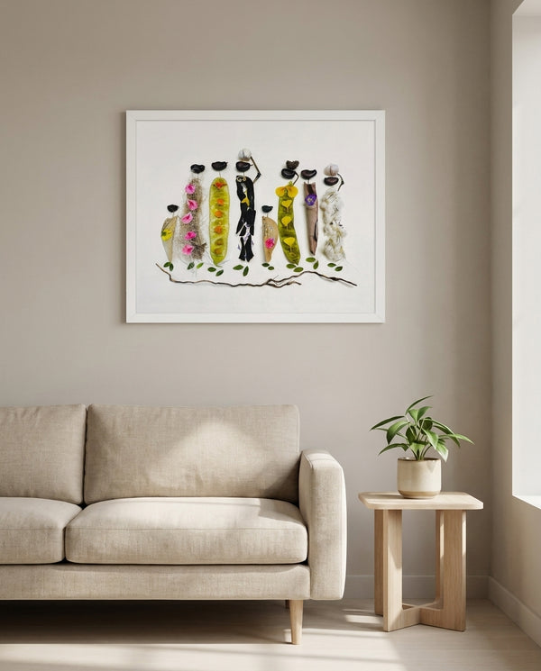 Botanical Gathering print in a white frame styled in a living room. FloraFusion.