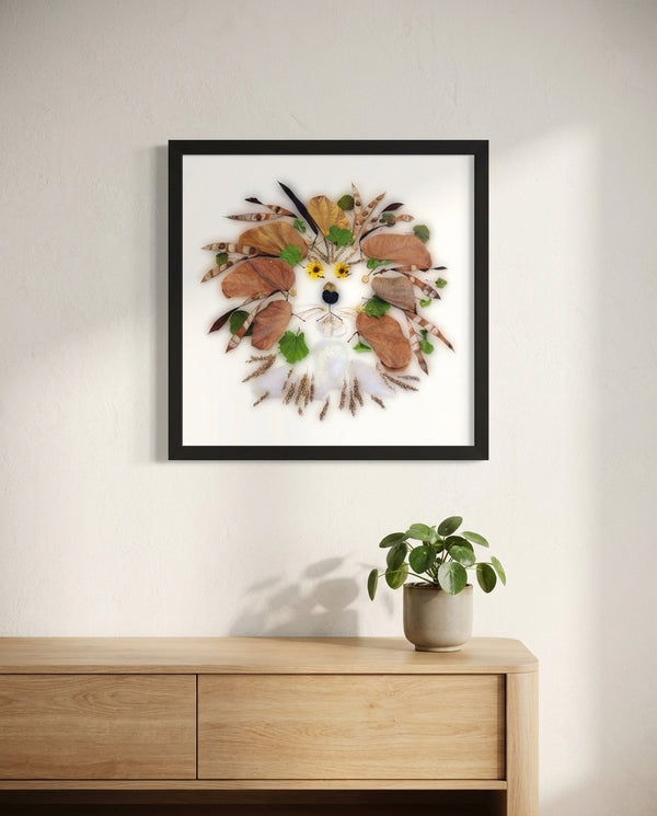 Botanical Lion Spirit in a black frame styled in a kids room. FloraFusion botanical wall art.