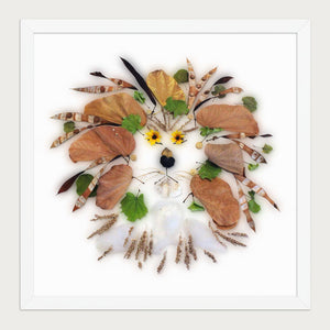 Botanical Lion Spirit floral wildlife art print in a white frame on a warm cream background. FloraFusion.