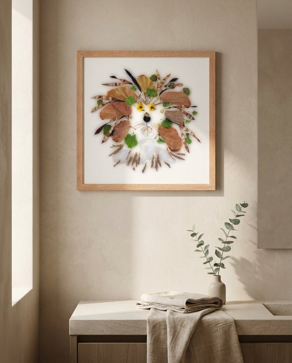 Botanical Lion Spirit in a red oak frame styled in a bathroom. FloraFusion botanical wall art.