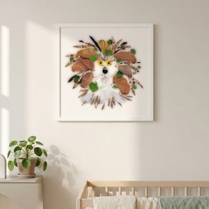 Botanical Lion Spirit in a white frame hanging in a serene nursery. FloraFusion botanical wall art.