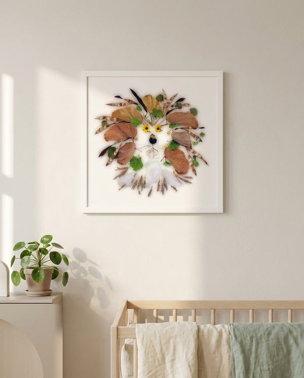 Botanical Lion Spirit in a white frame hanging in a serene nursery. FloraFusion botanical wall art.