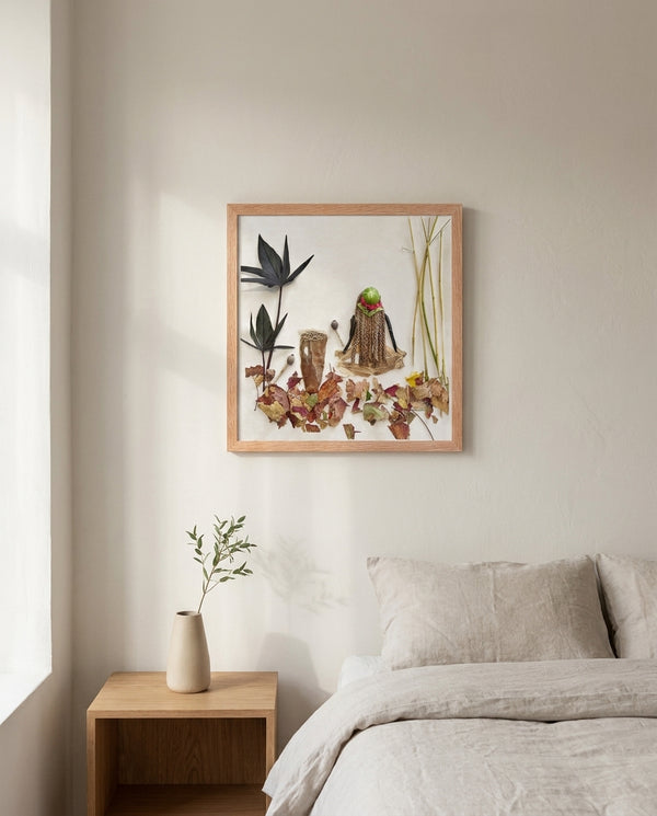 Braided by Nature in a red oak frame styled in a bedroom. FloraFusion botanical wall art.