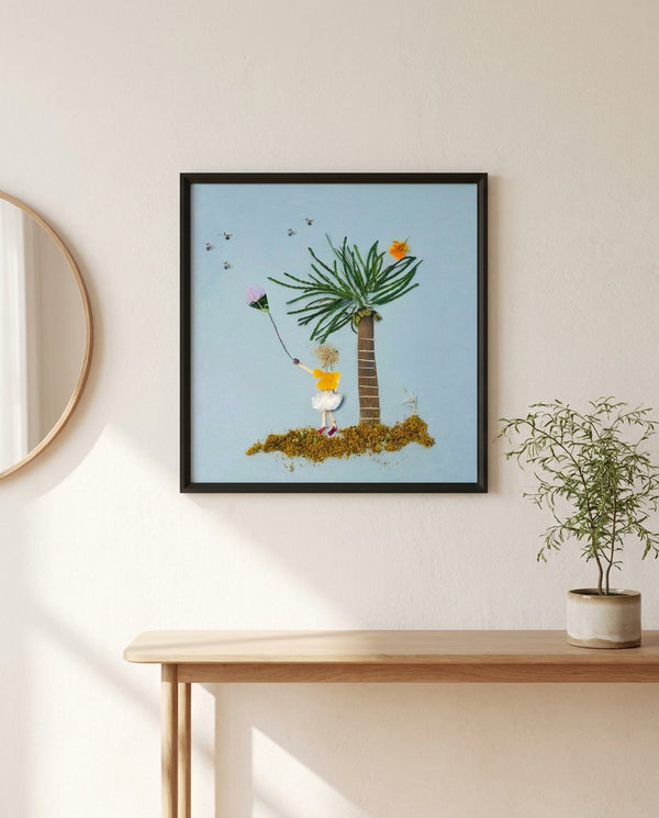 Breezy Island Moment in a black frame styled in an entryway. FloraFusion botanical wall art.
