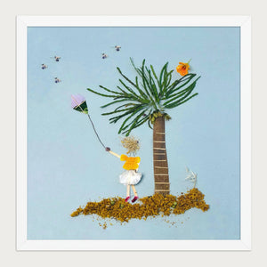 Breezy Island Moment whimsical nature art print in a white frame on a warm cream background. FloraFusion.