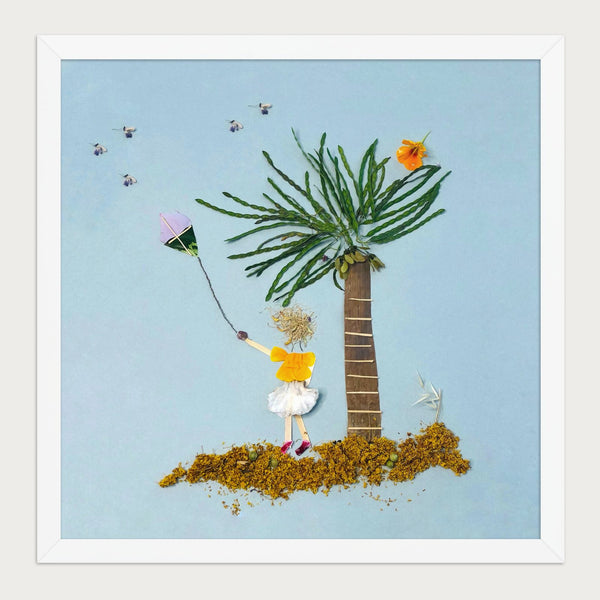 Breezy Island Moment whimsical nature art print in a white frame on a warm cream background. FloraFusion.